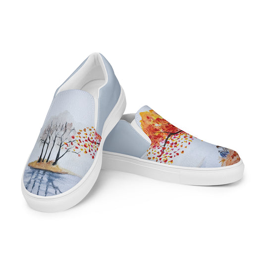 Women’s slip-on canvas shoes - unique watercolor paint autumn trees and lake reader printed on slip ons - blue