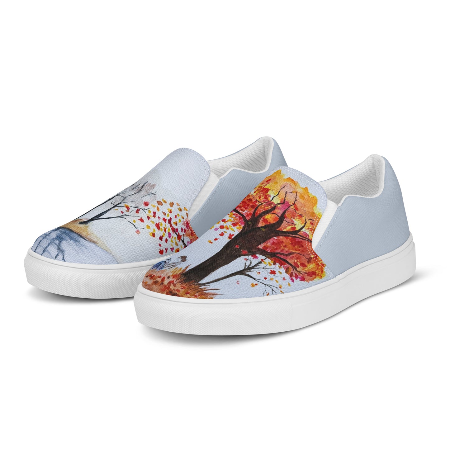 Women’s slip-on canvas shoes - unique watercolor paint autumn trees and lake reader printed on slip ons - blue