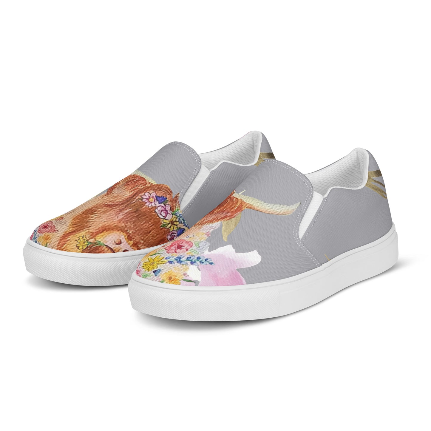 Women’s slip-on canvas shoes - hand painted watercolor floral highland cow design - gray