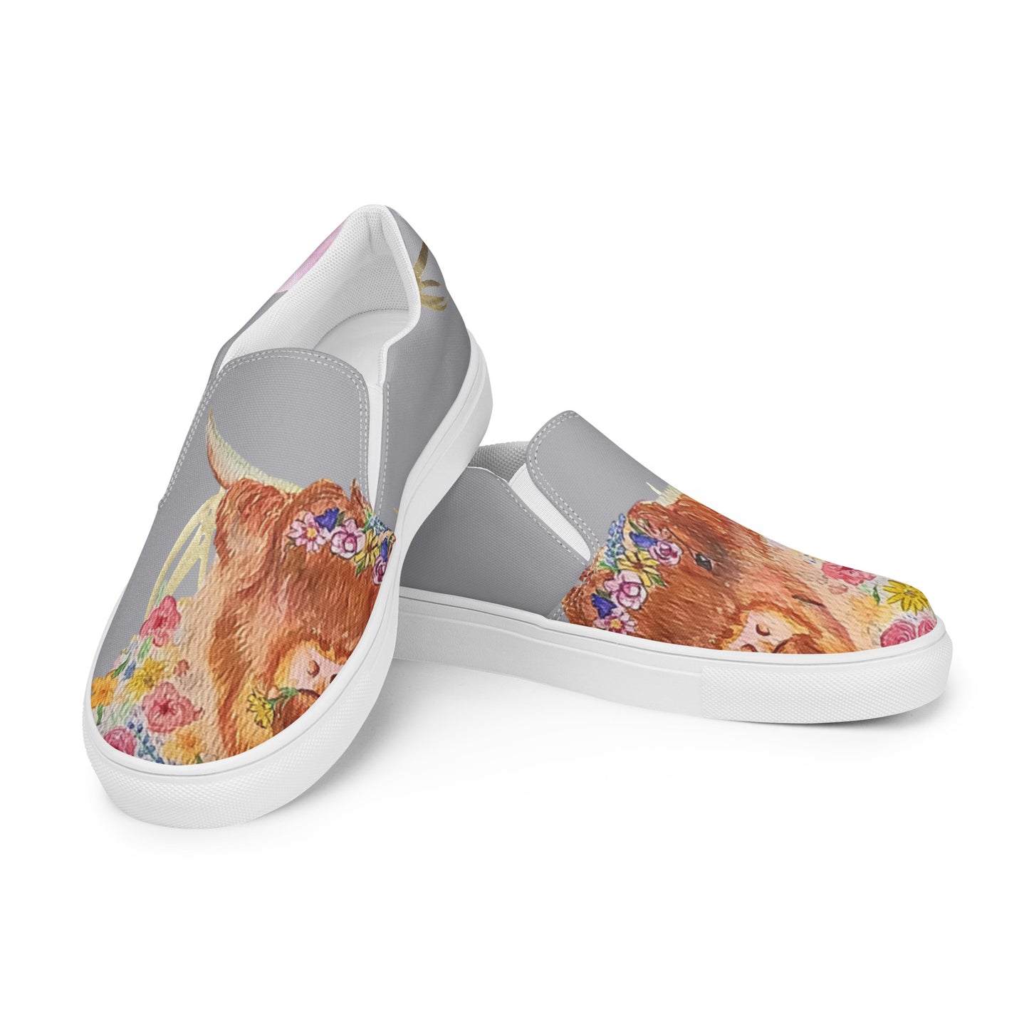 Women’s slip-on canvas shoes - hand painted watercolor floral highland cow design - gray