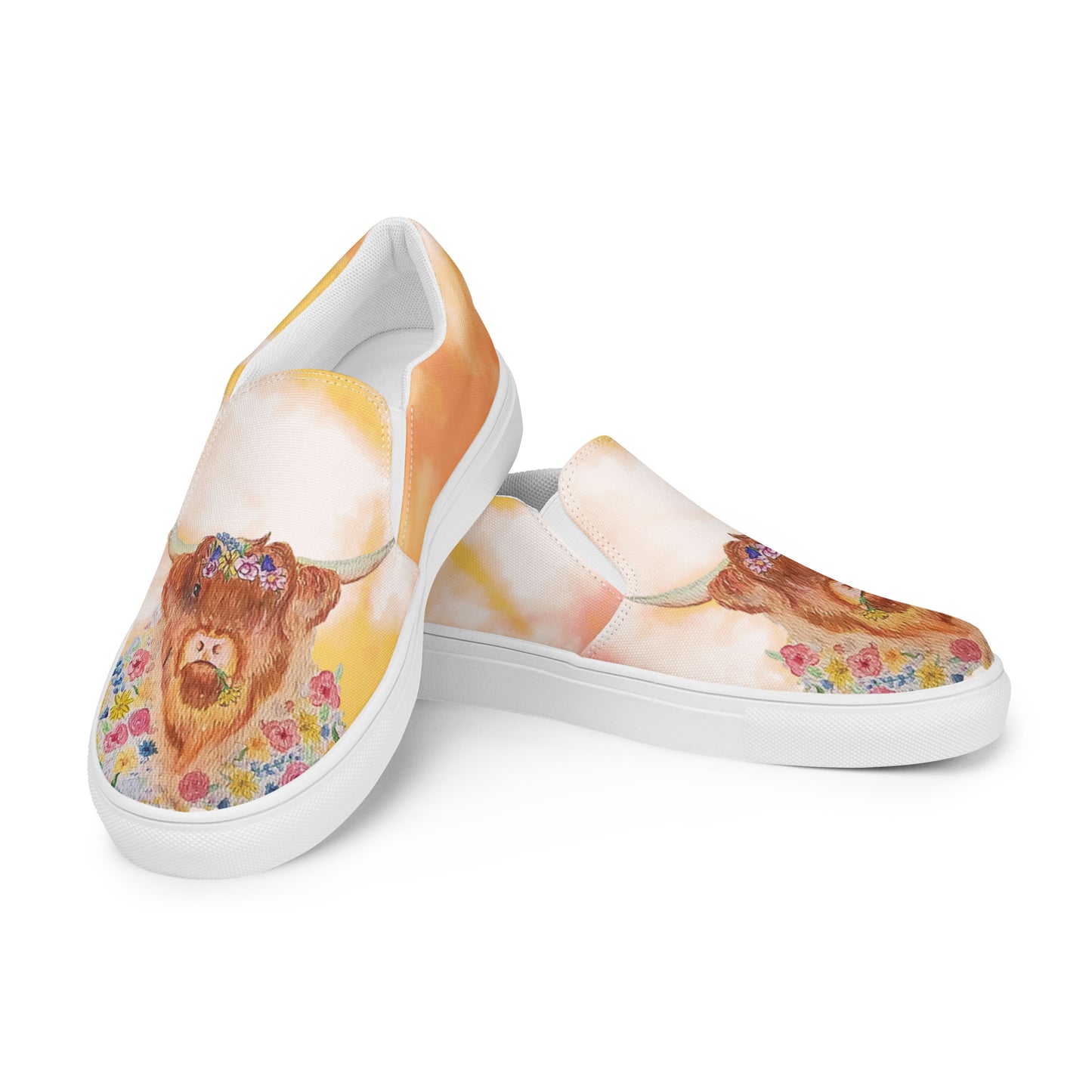 Women’s slip-on canvas shoes - hand painted watercolor floral highland cow design - yellow