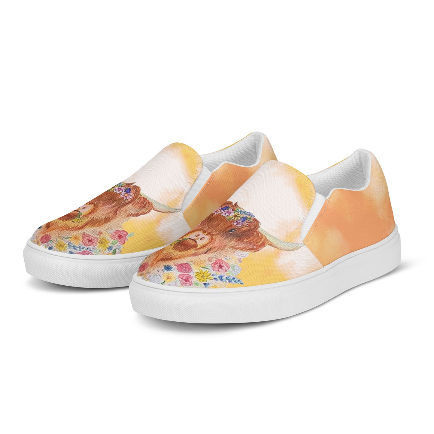 Women’s slip-on canvas shoes - hand painted watercolor floral highland cow design - yellow