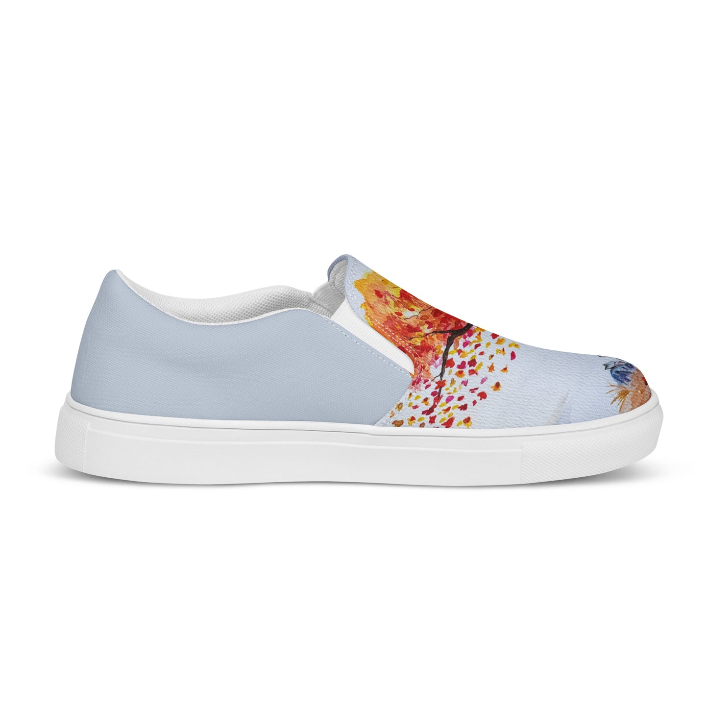 Women’s slip-on canvas shoes - unique watercolor paint autumn trees and lake reader printed on slip ons - blue