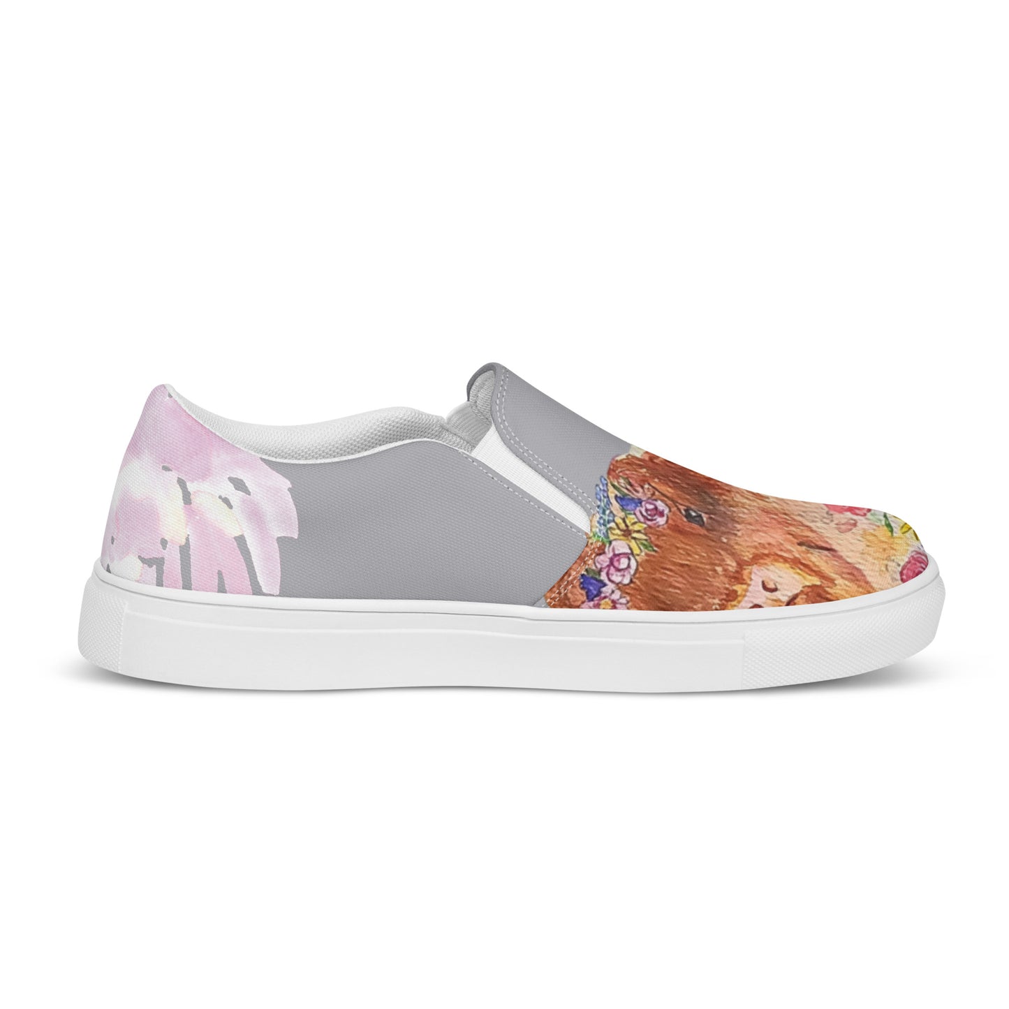 Women’s slip-on canvas shoes - hand painted watercolor floral highland cow design - gray