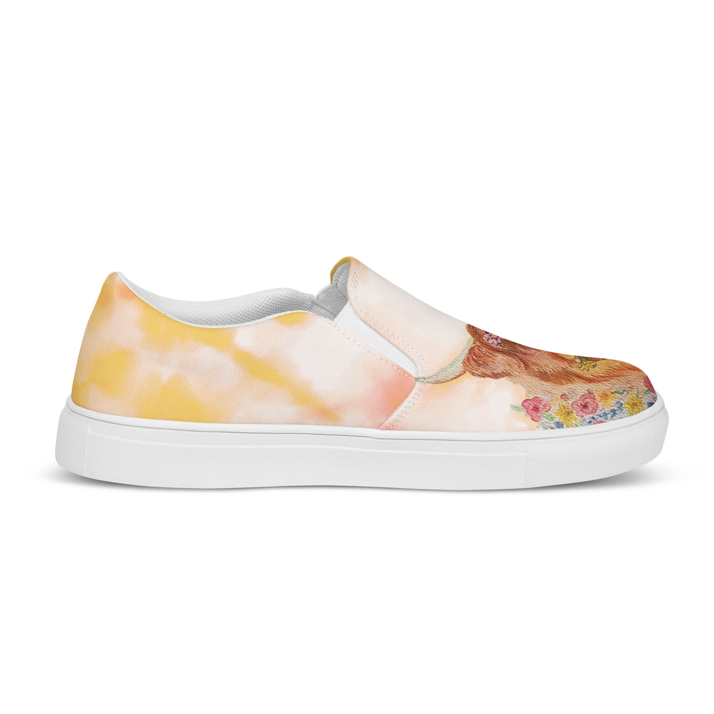 Women’s slip-on canvas shoes - hand painted watercolor floral highland cow design - yellow