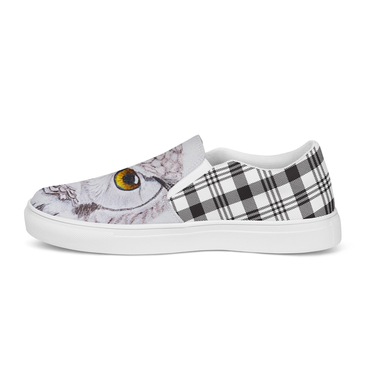 Women’s canvas shoes - custom hand drawn owl eye designed slip on shoe - black/white plaid