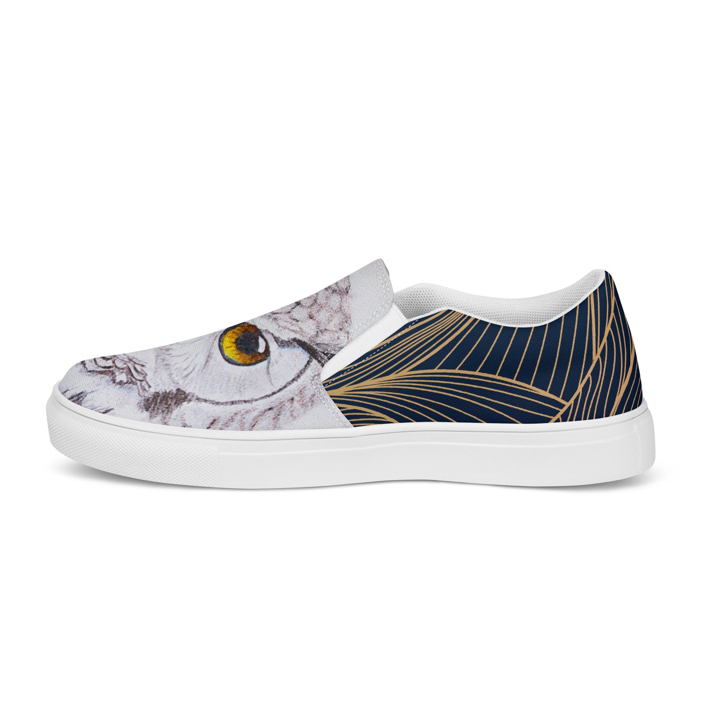 Women’s canvas shoes - custom hand drawn owl eye design slip ons - navy swirl