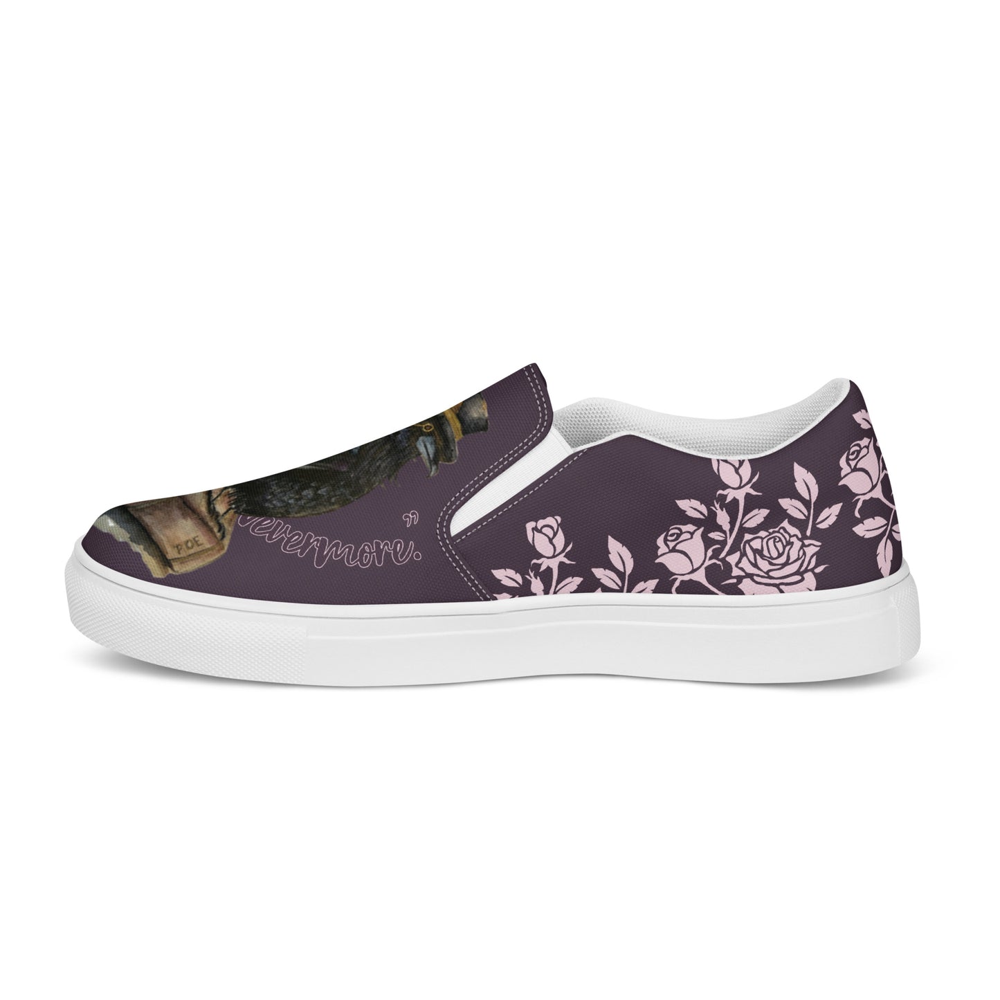 Women’s canvas shoes - watercolor "The Raven" and rose designed slip on flats - purple