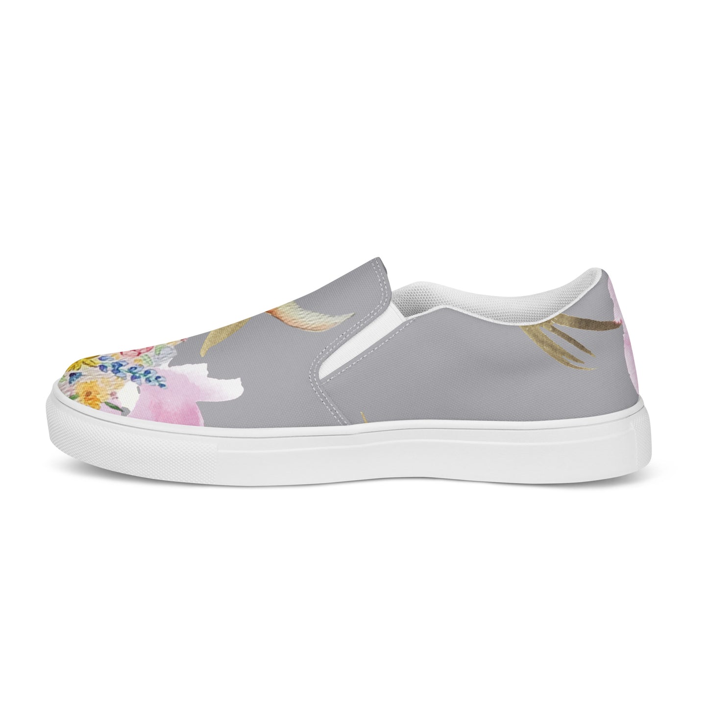 Women’s slip-on canvas shoes - hand painted watercolor floral highland cow design - gray