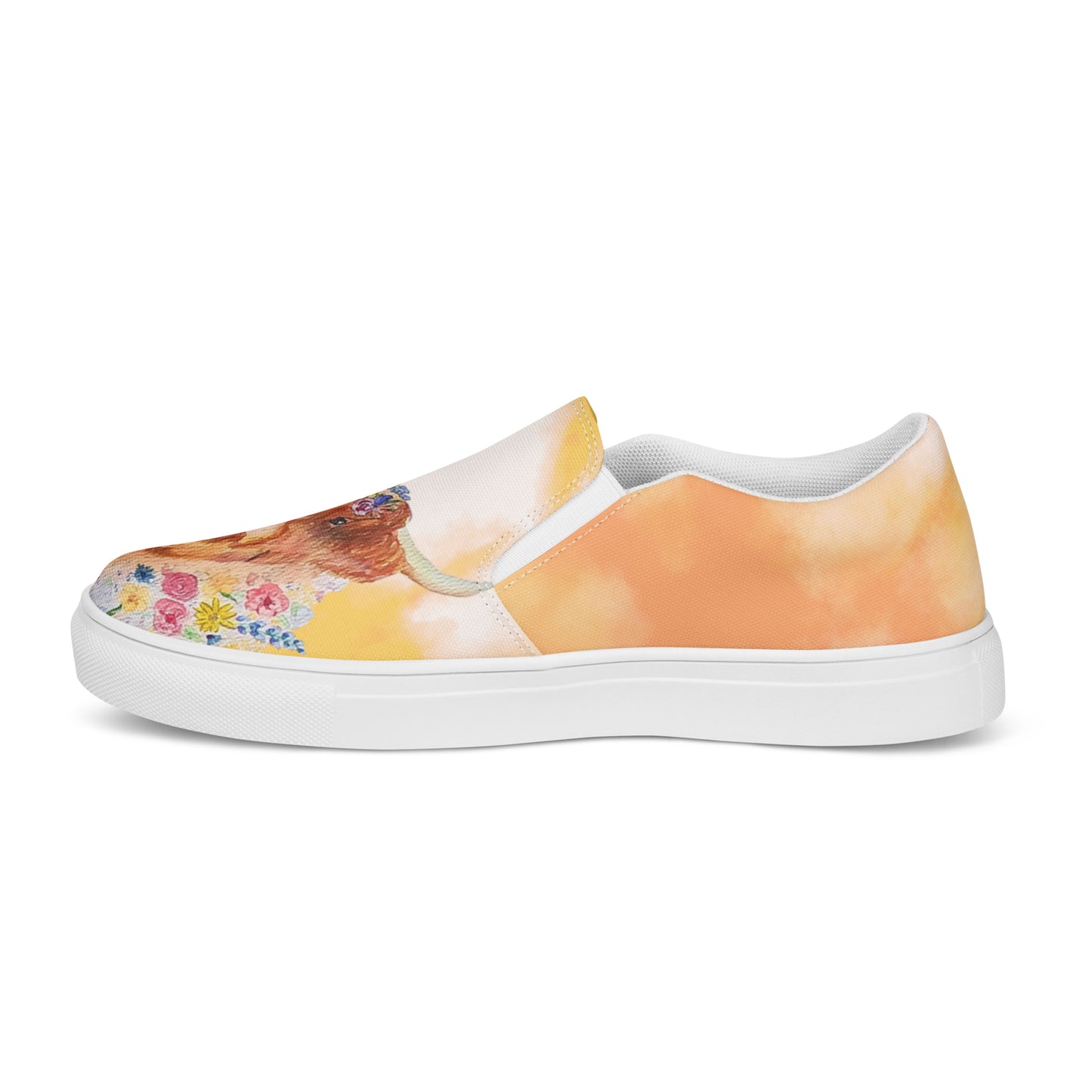 Women’s slip-on canvas shoes - hand painted watercolor floral highland cow design - yellow