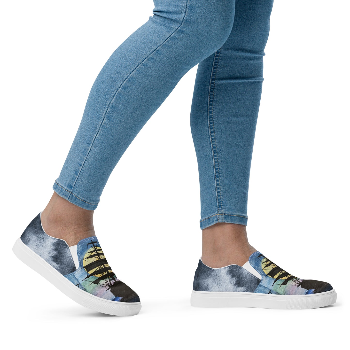 Women’s slip-on canvas shoes - watercolor pirate ship silhouette - blue