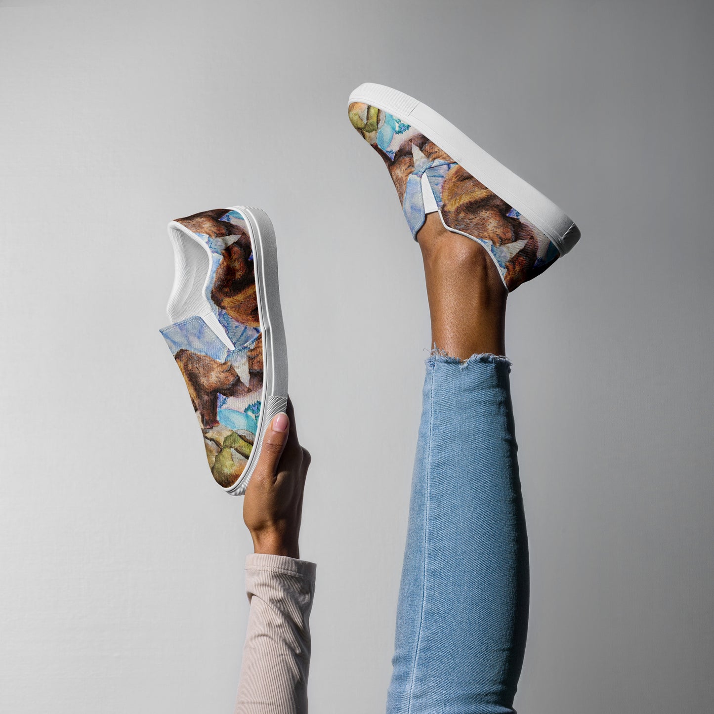 Women’s canvas shoes - Women’s canvas shoes - watercolor grizzly bear all over design custom slip-on