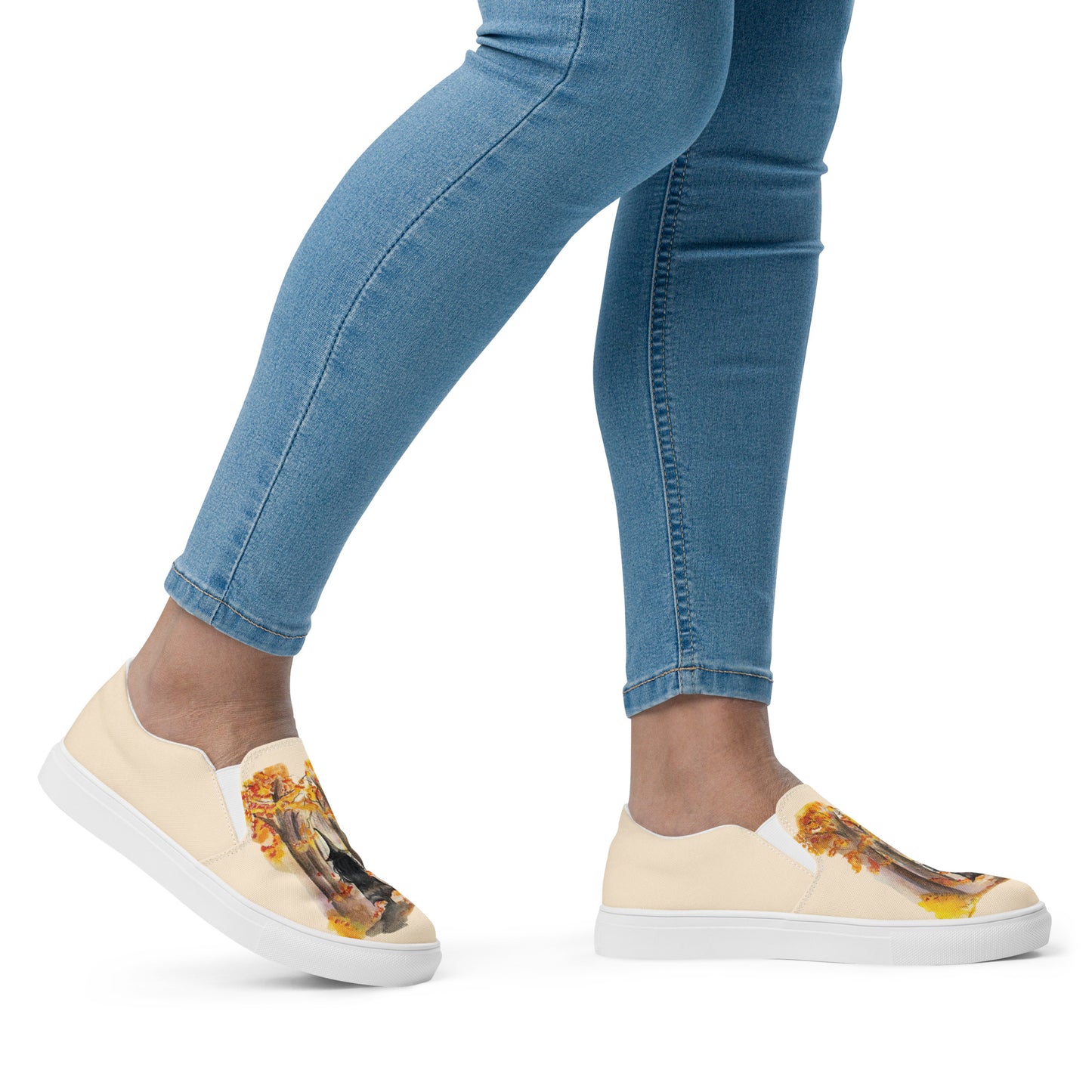 Women’s canvas shoes - autumn witch watercolor designed slip ons - peach