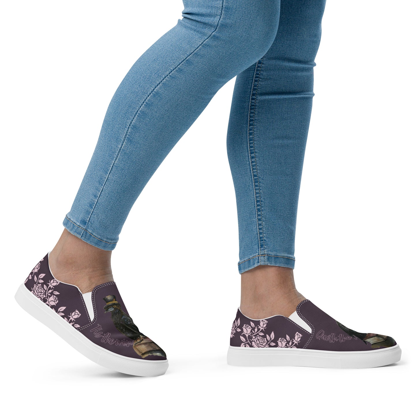 Women’s canvas shoes - watercolor "The Raven" and rose designed slip on flats - purple