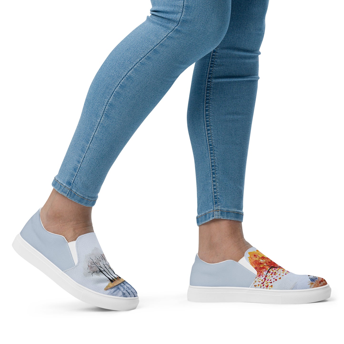 Women’s slip-on canvas shoes - unique watercolor paint autumn trees and lake reader printed on slip ons - blue