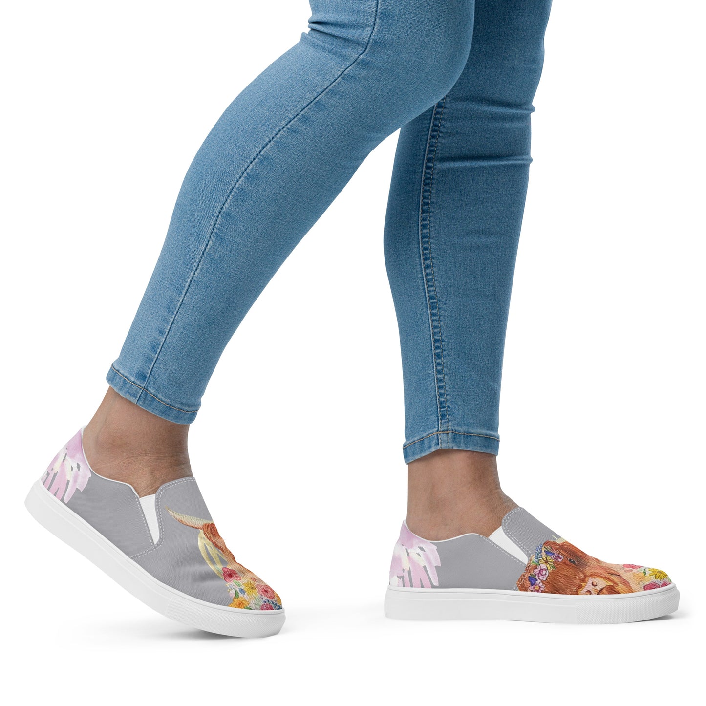 Women’s slip-on canvas shoes - hand painted watercolor floral highland cow design - gray