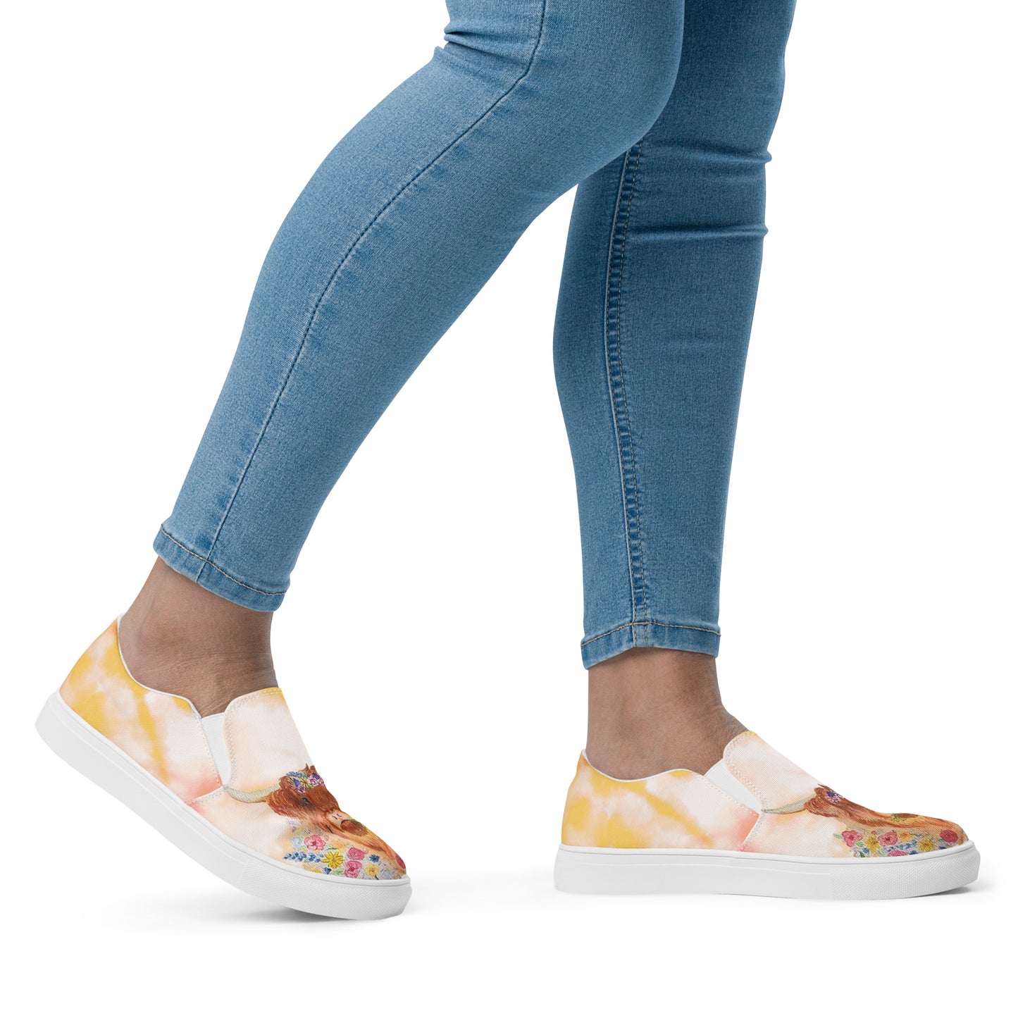 Women’s slip-on canvas shoes - hand painted watercolor floral highland cow design - yellow