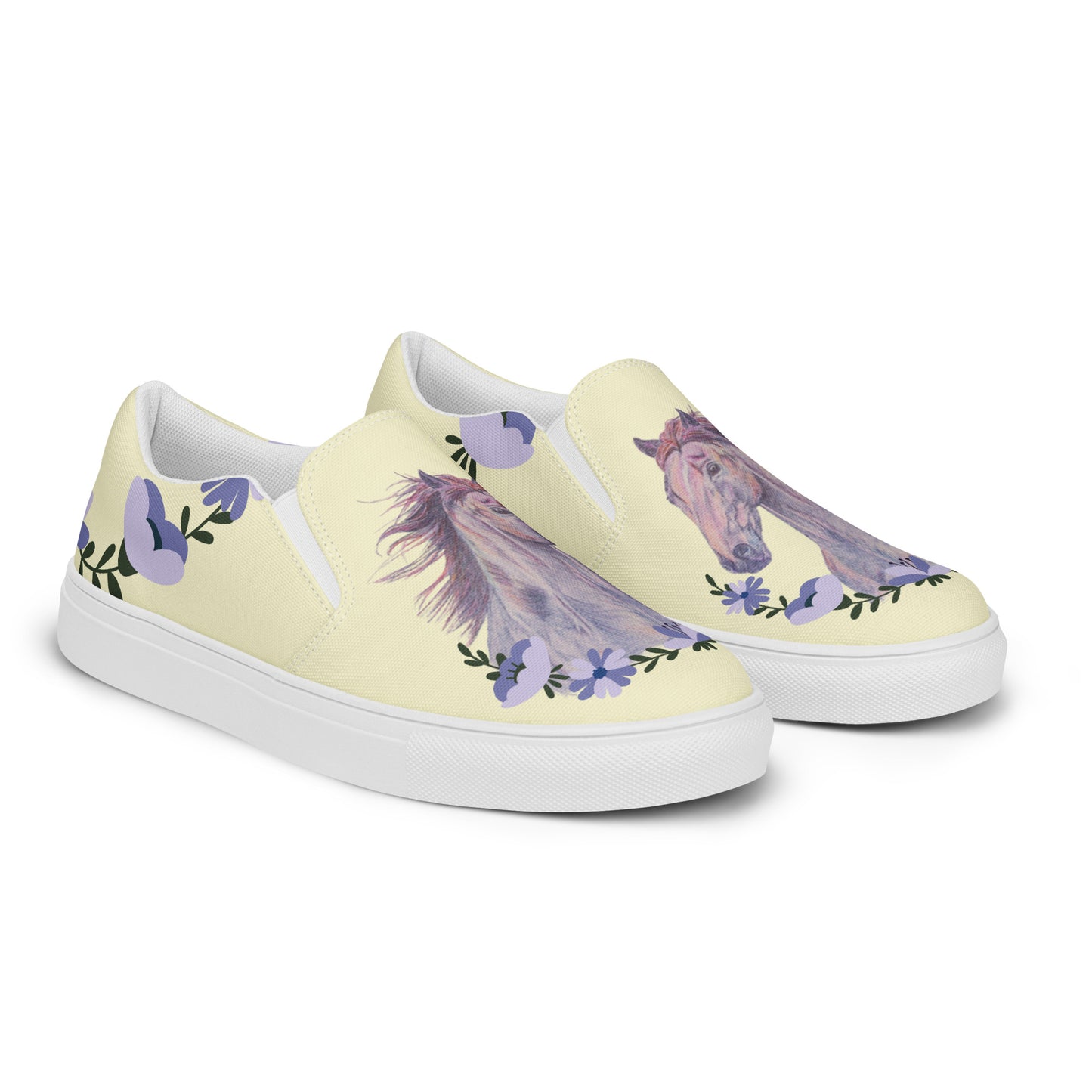 Women’s canvas shoes - Custom sorrel horse and floral design slip on shoes - yellow