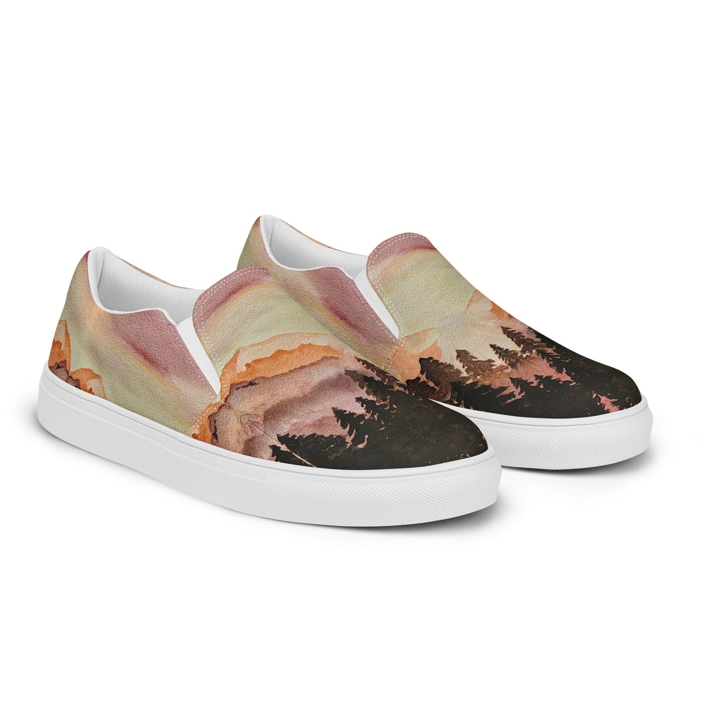 Women’s canvas shoes - Watercolor mountain painted designed slip on shoe - multicolor