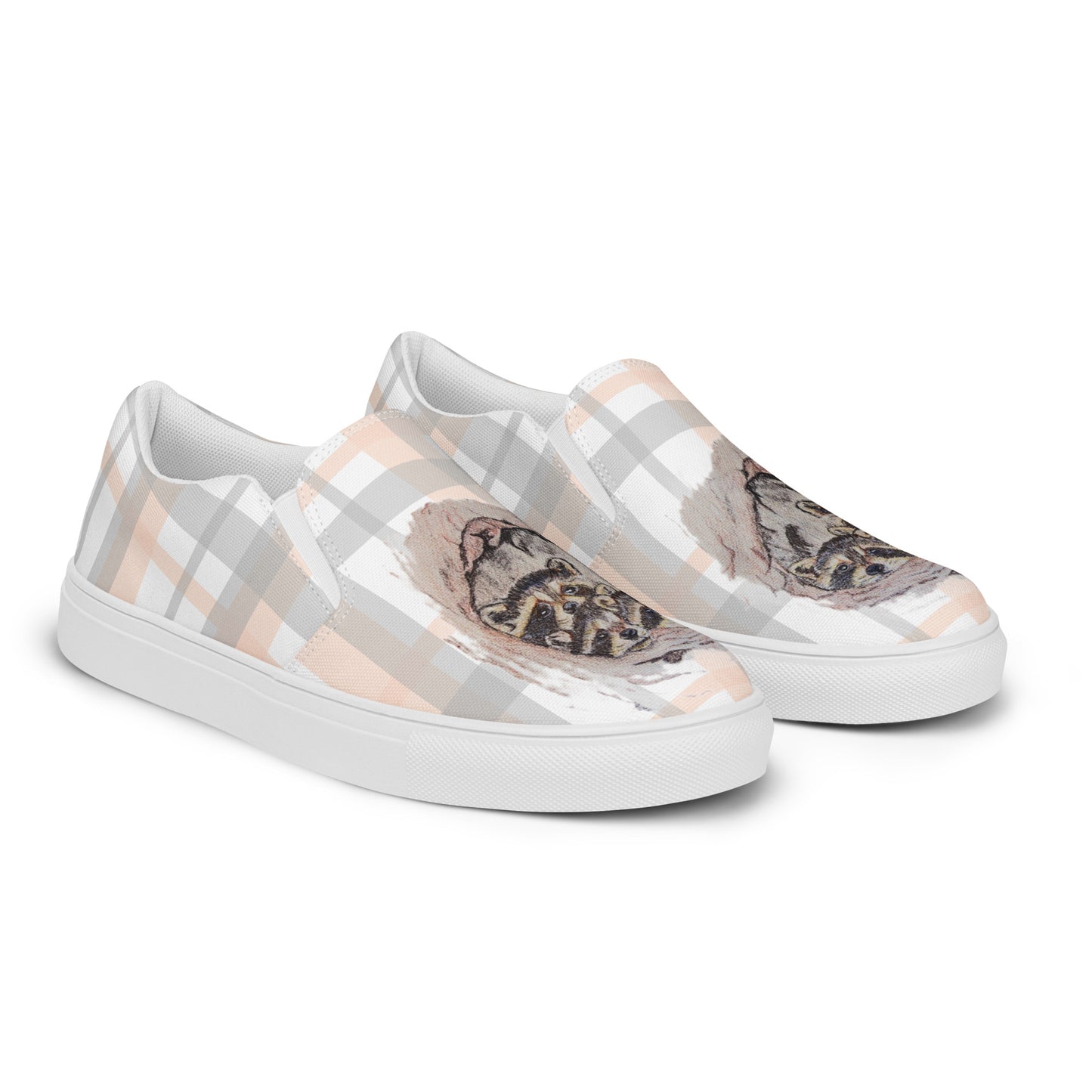 Women’s canvas shoes - original custom raccoon art hand-drawn design slip-on shoes - plaid