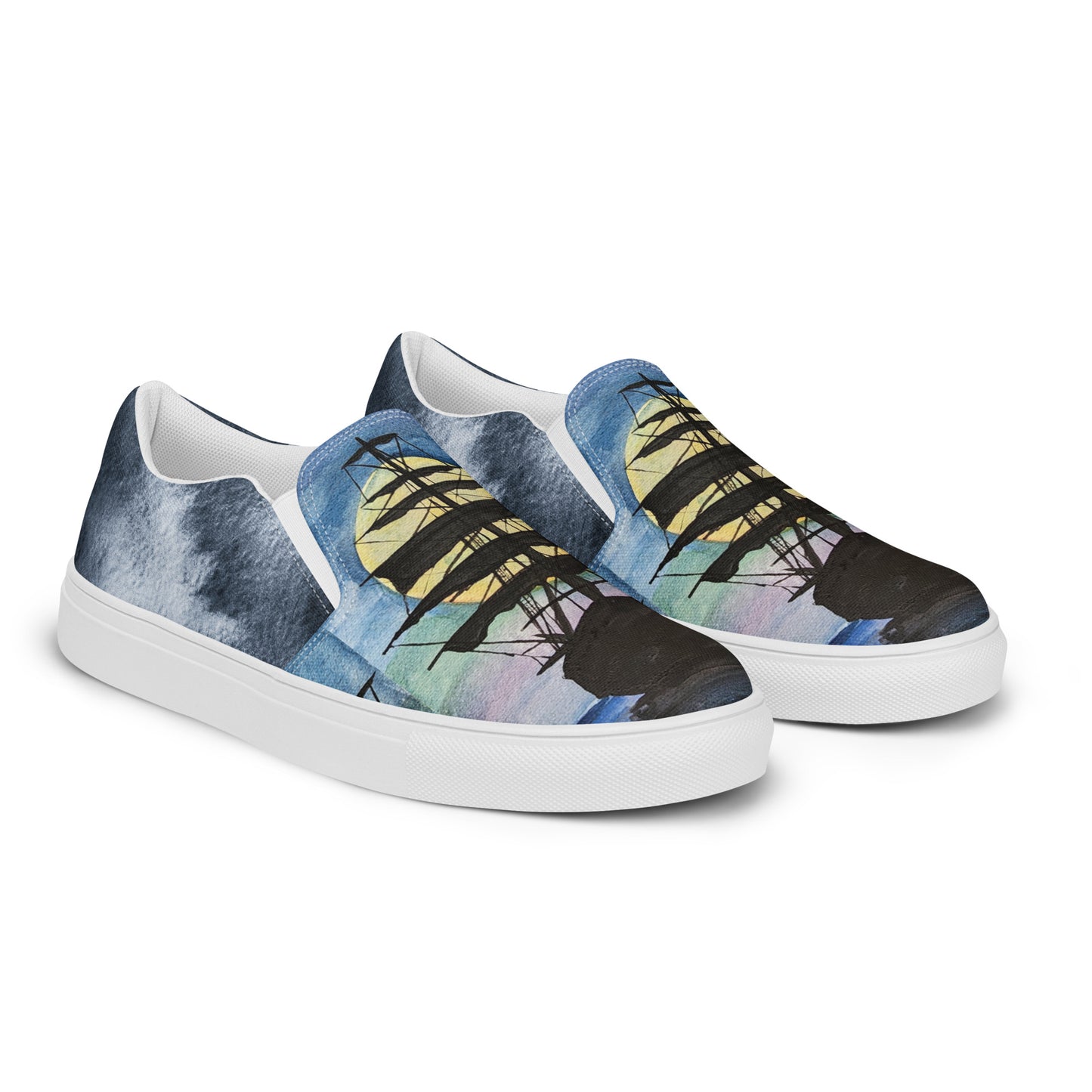 Women’s slip-on canvas shoes - watercolor pirate ship silhouette - blue