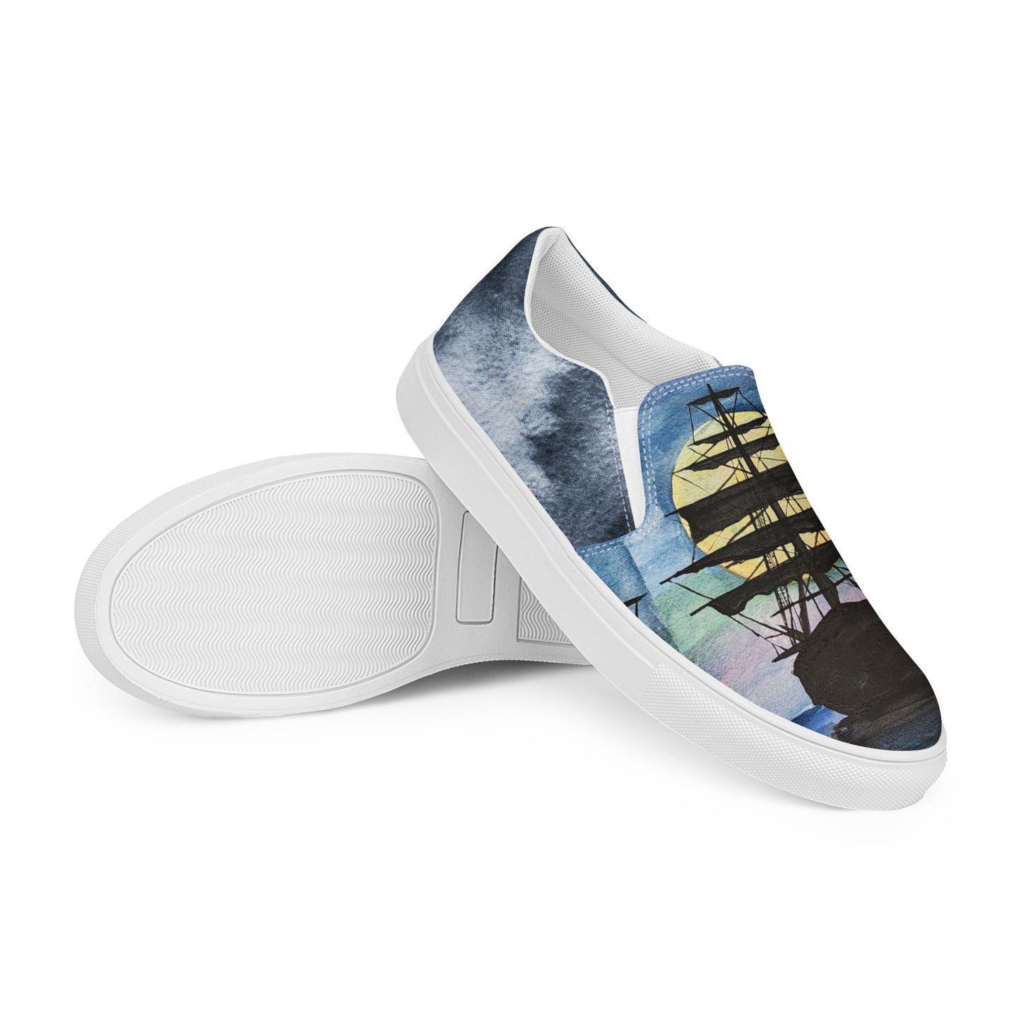 Women’s slip-on canvas shoes - watercolor pirate ship silhouette - blue