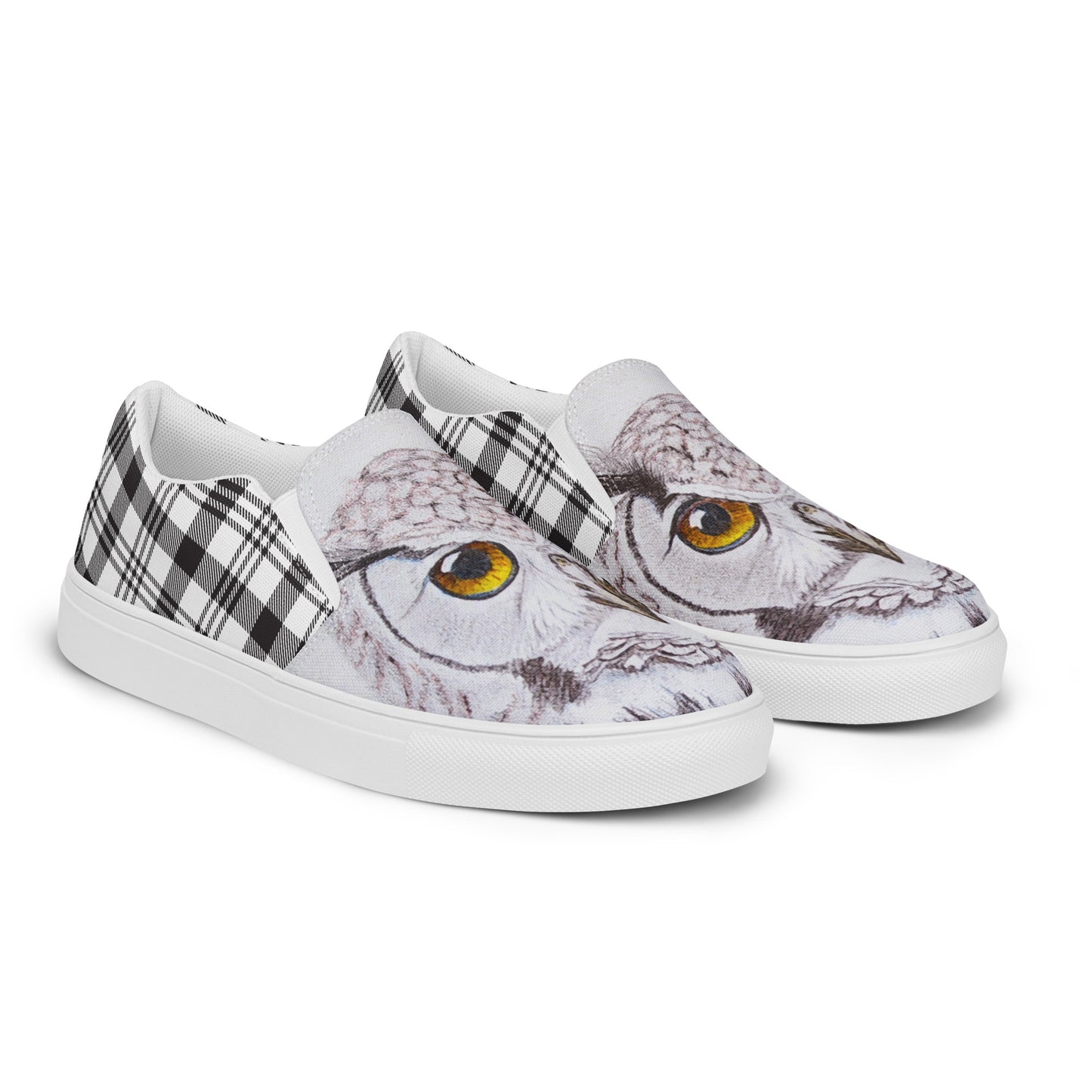 Women’s canvas shoes - custom hand drawn owl eye designed slip on shoe - black/white plaid