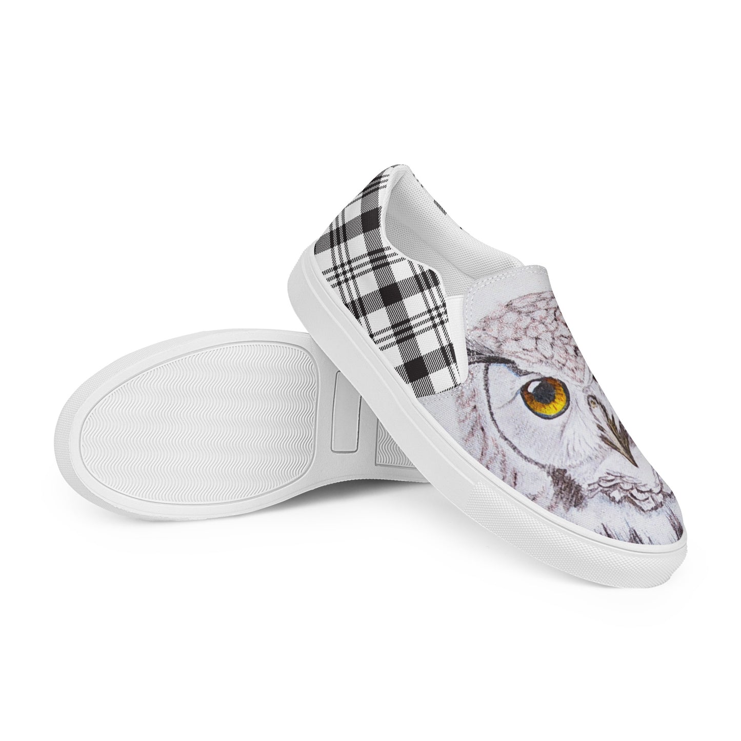 Women’s canvas shoes - custom hand drawn owl eye designed slip on shoe - black/white plaid