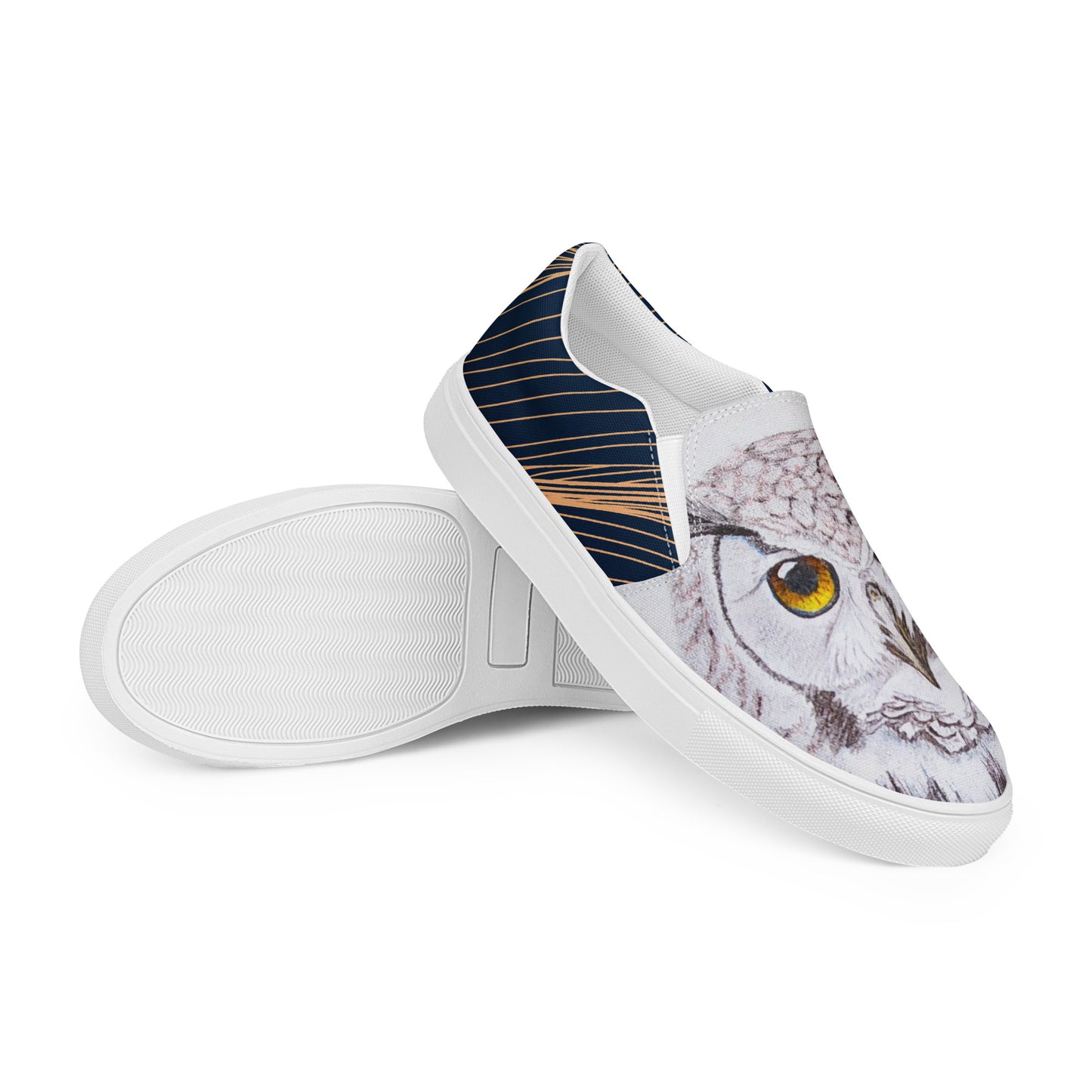 Women’s canvas shoes - custom hand drawn owl eye design slip ons - navy swirl