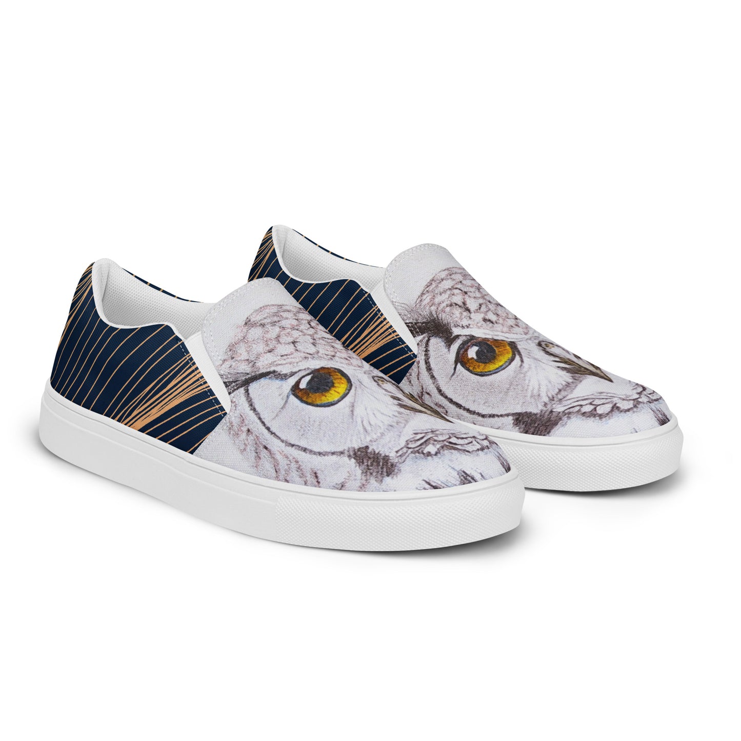 Women’s canvas shoes - custom hand drawn owl eye design slip ons - navy swirl