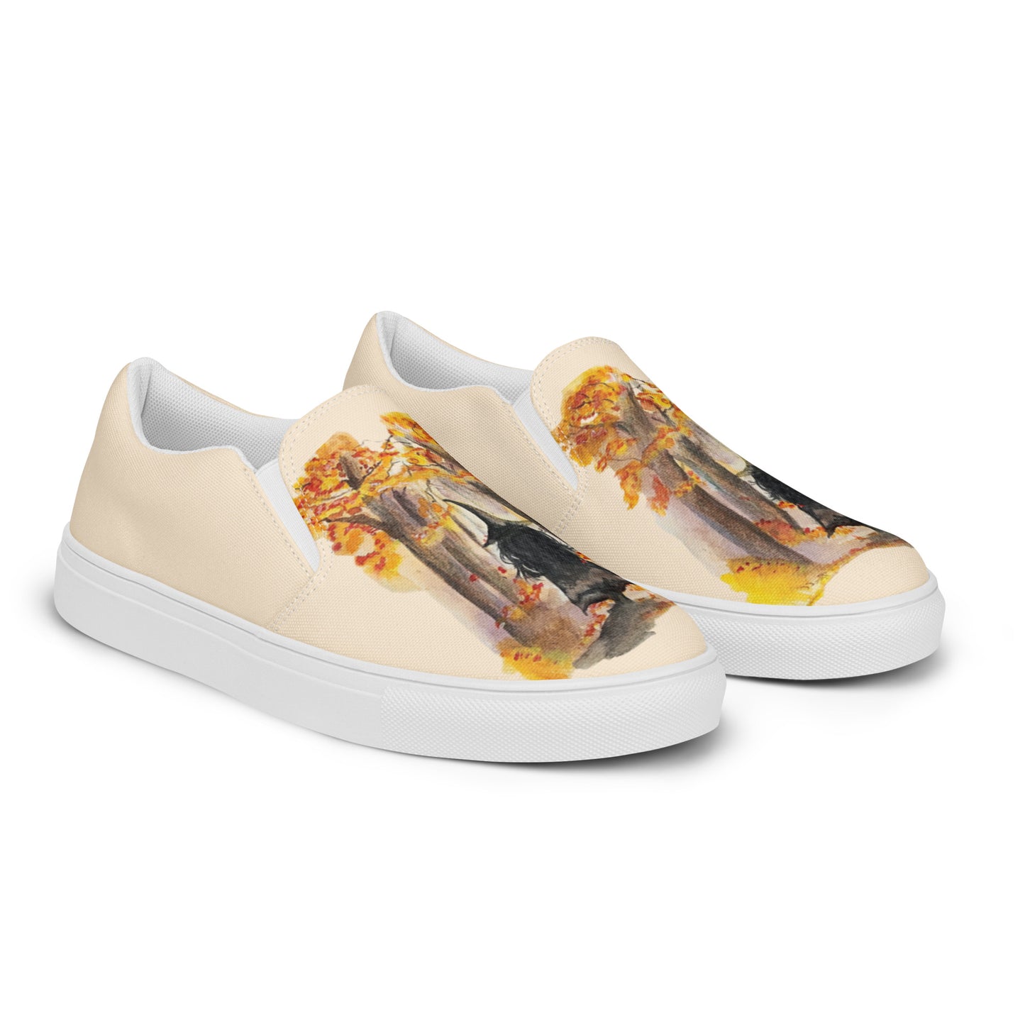 Women’s canvas shoes - autumn witch watercolor designed slip ons - peach