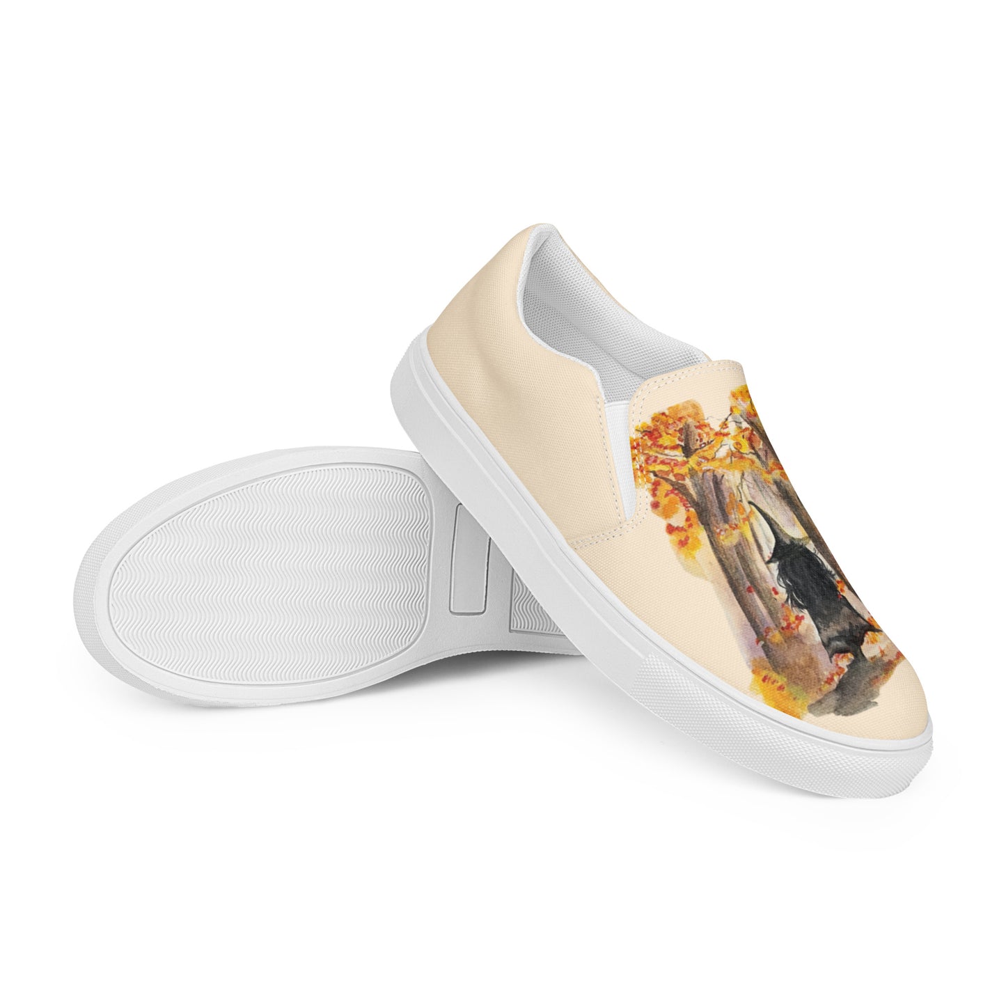 Women’s canvas shoes - autumn witch watercolor designed slip ons - peach