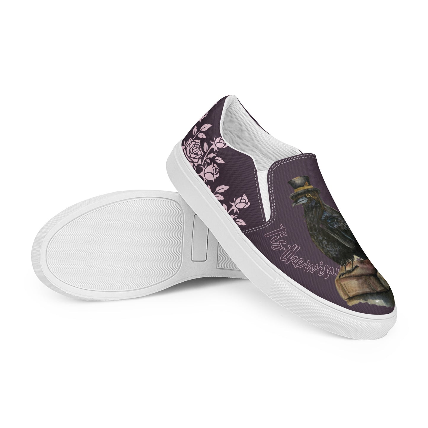 Women’s canvas shoes - watercolor "The Raven" and rose designed slip on flats - purple