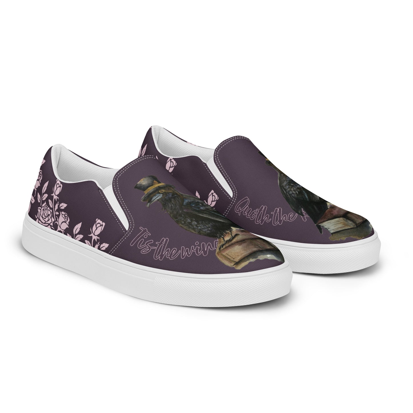 Women’s canvas shoes - watercolor "The Raven" and rose designed slip on flats - purple