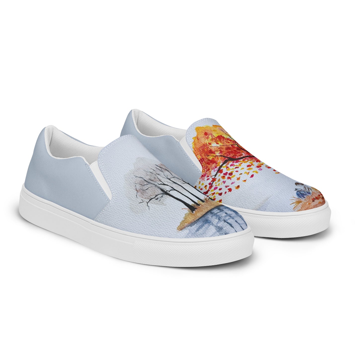 Women’s slip-on canvas shoes - unique watercolor paint autumn trees and lake reader printed on slip ons - blue