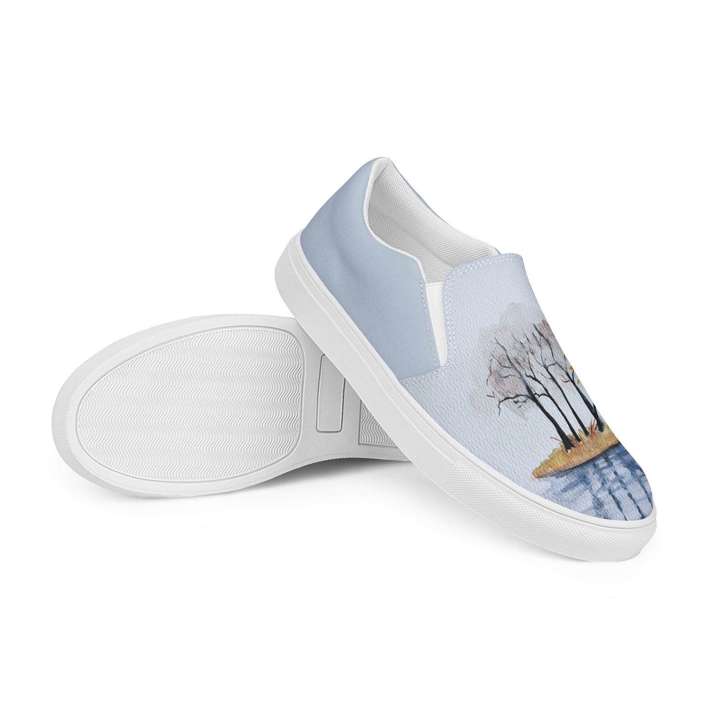 Women’s slip-on canvas shoes - unique watercolor paint autumn trees and lake reader printed on slip ons - blue