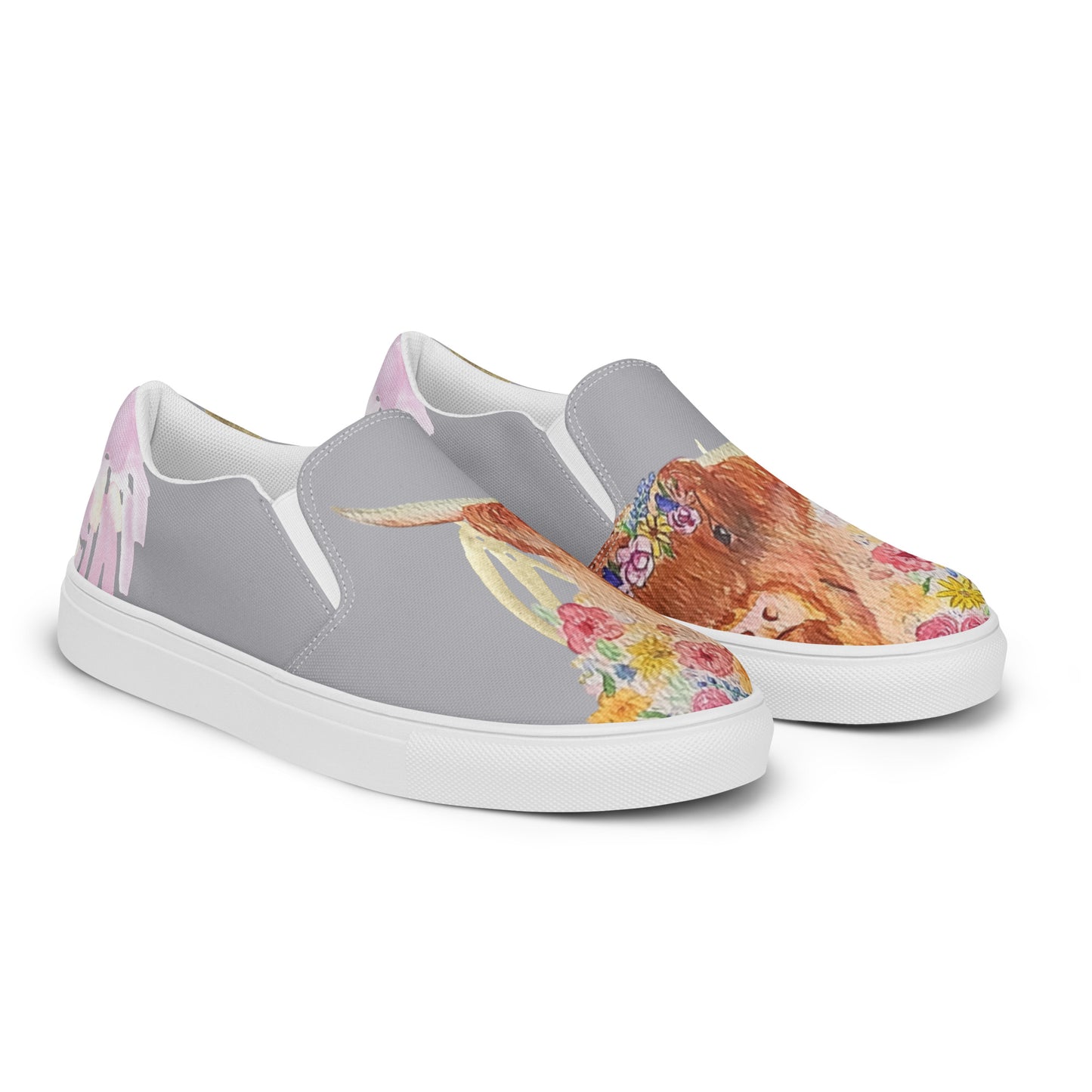 Women’s slip-on canvas shoes - hand painted watercolor floral highland cow design - gray