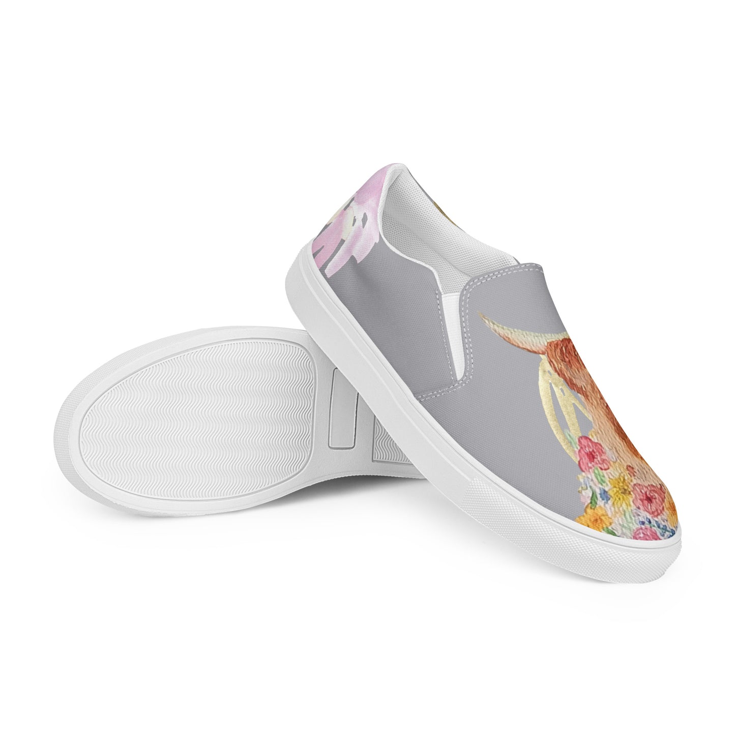 Women’s slip-on canvas shoes - hand painted watercolor floral highland cow design - gray