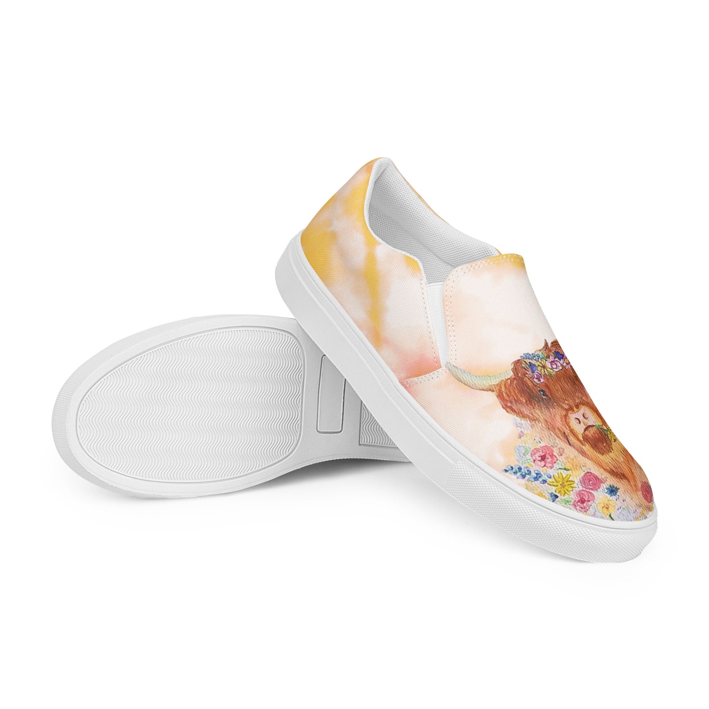 Women’s slip-on canvas shoes - hand painted watercolor floral highland cow design - yellow