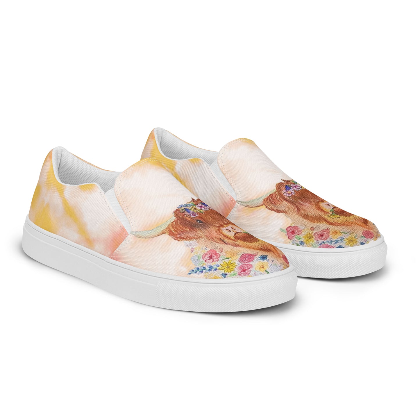 Women’s slip-on canvas shoes - hand painted watercolor floral highland cow design - yellow