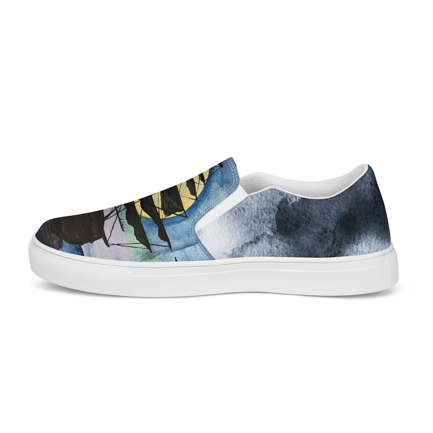 Women’s slip-on canvas shoes - watercolor pirate ship silhouette - blue