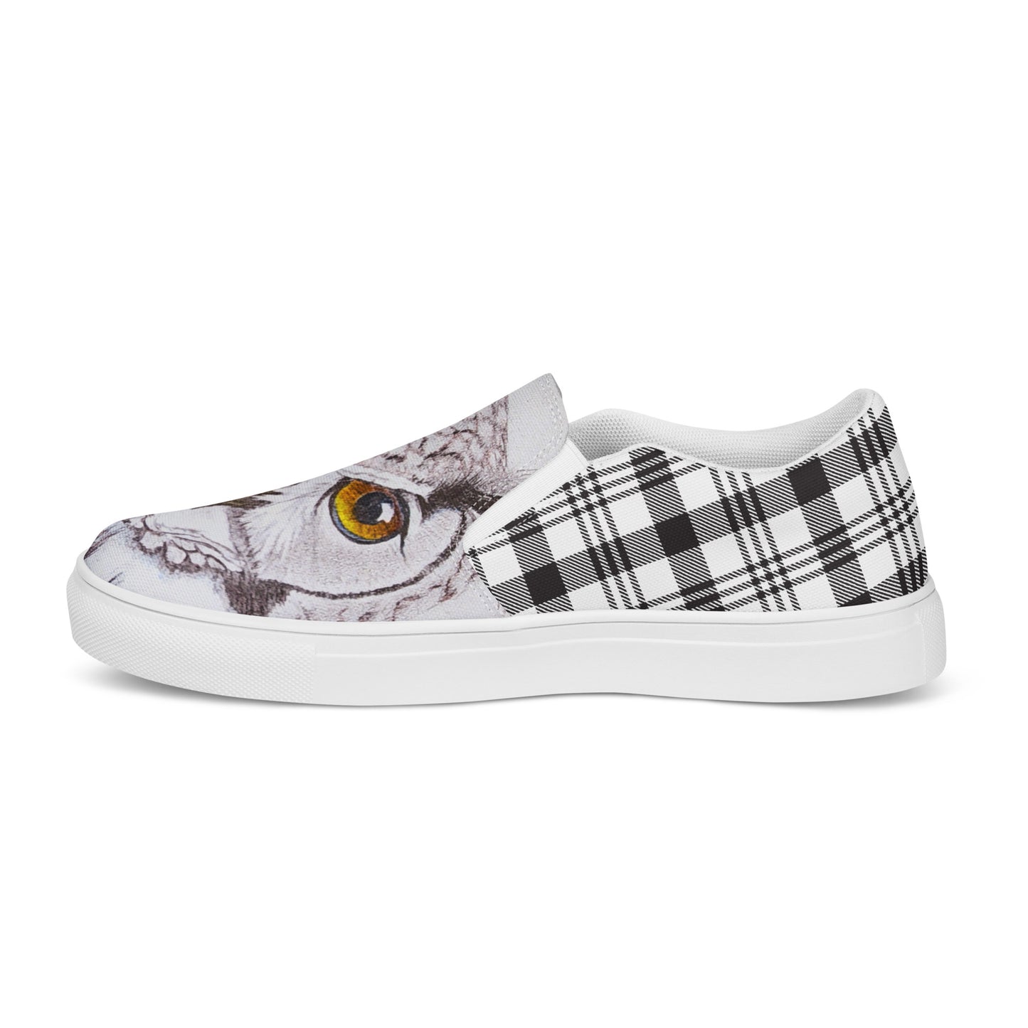 Women’s canvas shoes - custom hand drawn owl eye designed slip on shoe - black/white plaid