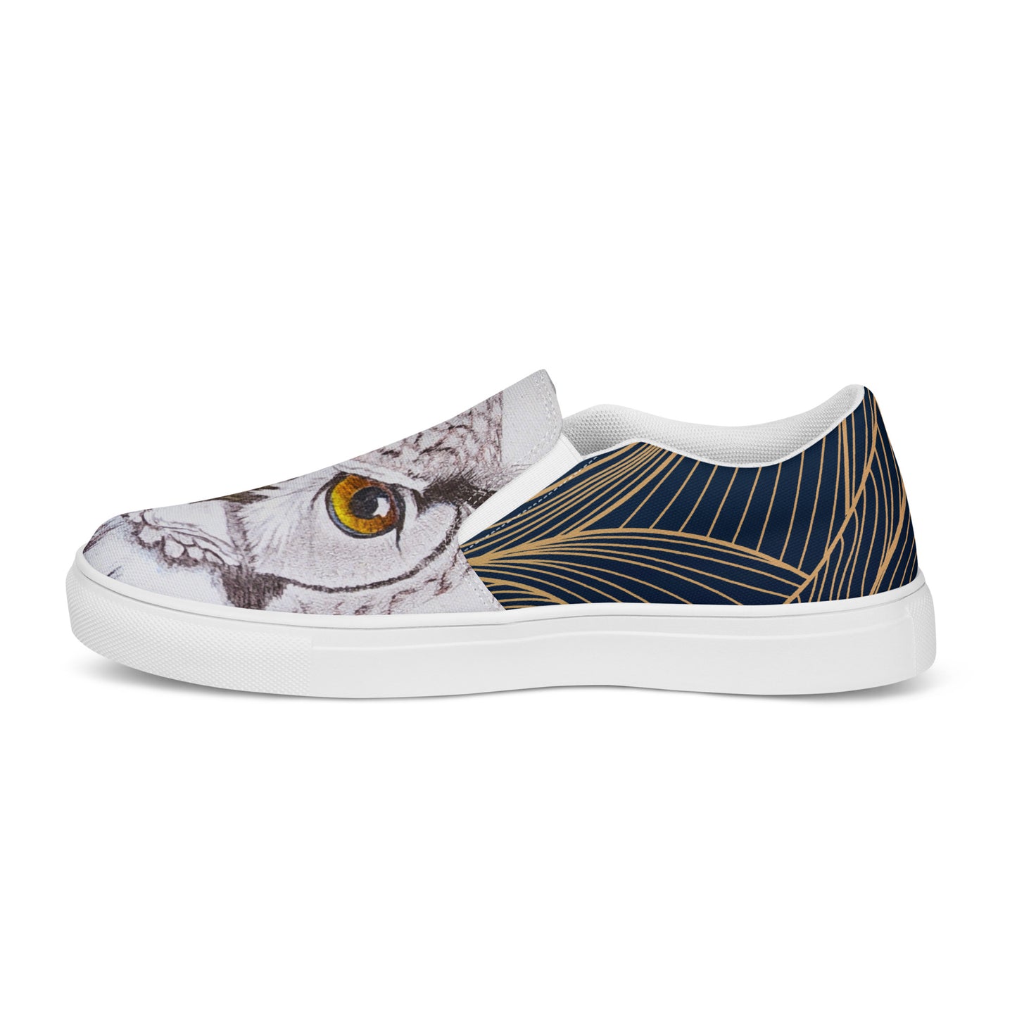 Women’s canvas shoes - custom hand drawn owl eye design slip ons - navy swirl