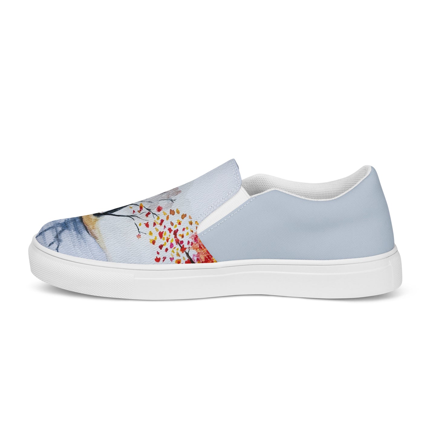 Women’s slip-on canvas shoes - unique watercolor paint autumn trees and lake reader printed on slip ons - blue