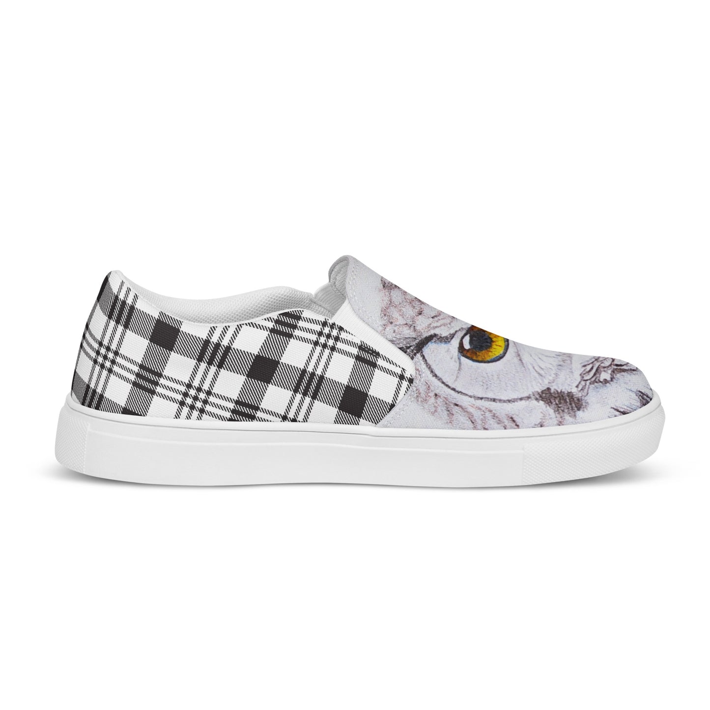 Women’s canvas shoes - custom hand drawn owl eye designed slip on shoe - black/white plaid