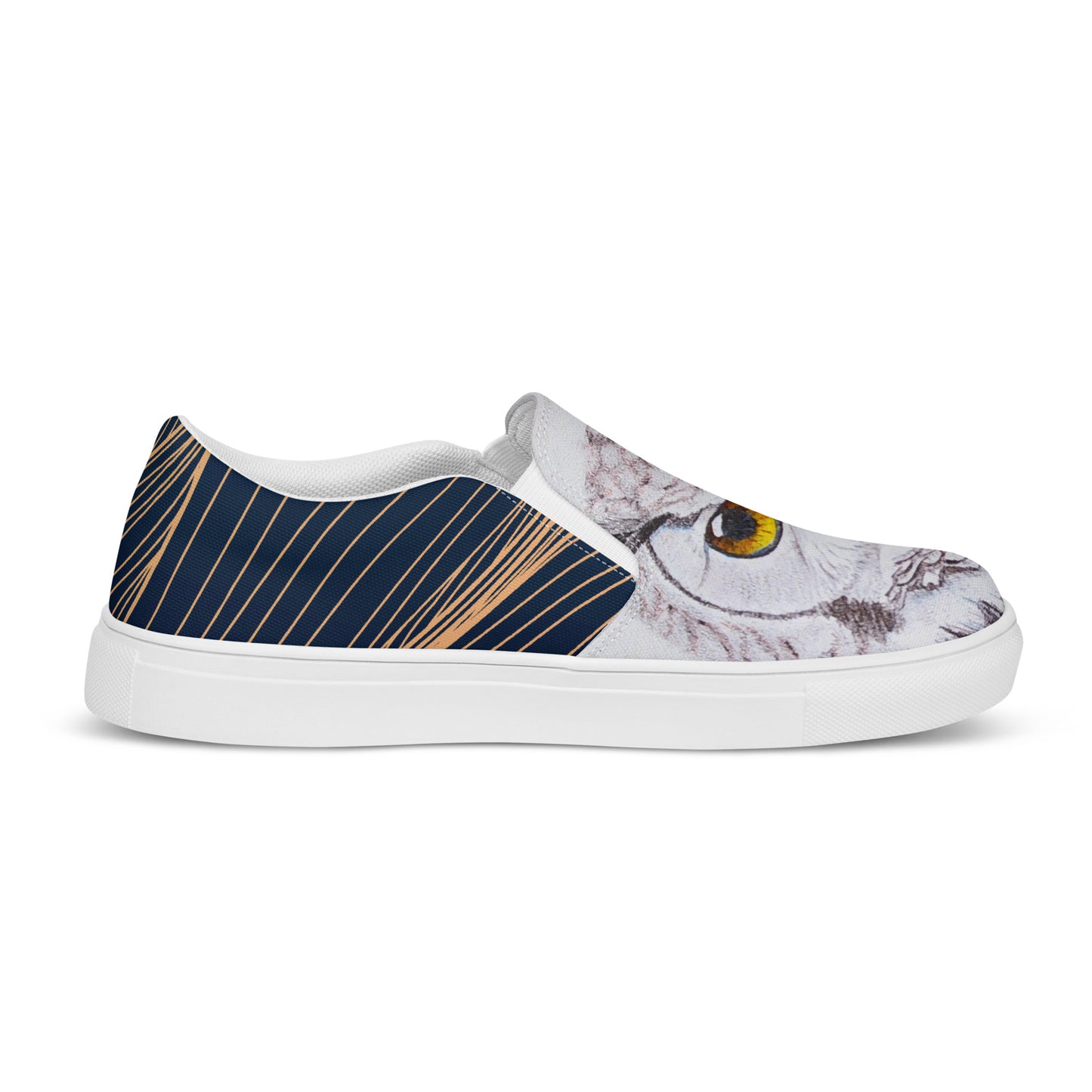 Women’s canvas shoes - custom hand drawn owl eye design slip ons - navy swirl