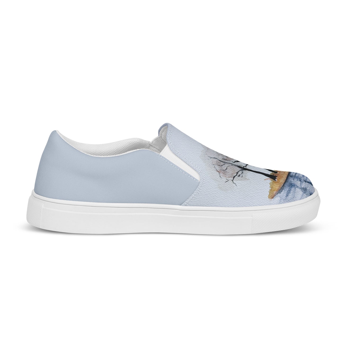 Women’s slip-on canvas shoes - unique watercolor paint autumn trees and lake reader printed on slip ons - blue