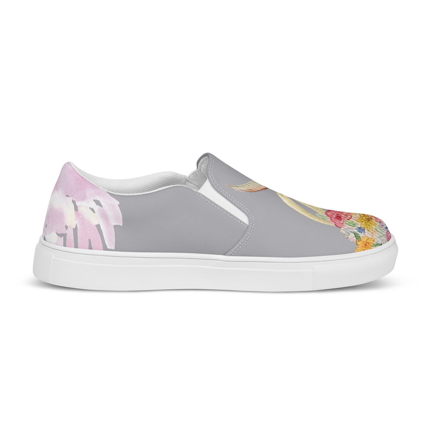 Women’s slip-on canvas shoes - hand painted watercolor floral highland cow design - gray